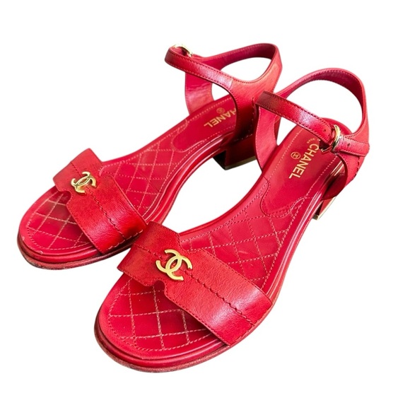 Authentic CHANEL Red Lambskin Leather Mattelasse & Gold Sandals Dress Shoes 37 C - Picture 4 of 16